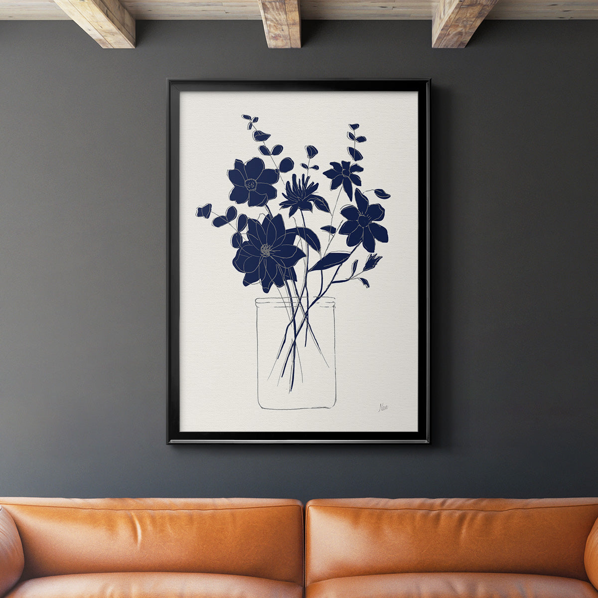 Indigo Sketch Bouquet II - Modern Framed Canvas Print