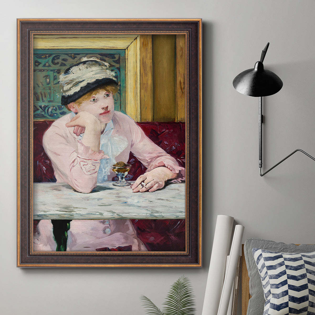Impressionist portrait scene with plum brandy by Édouard Manet in an ornate bronzed mahogany wood frame displayed in a neutral interior setting.