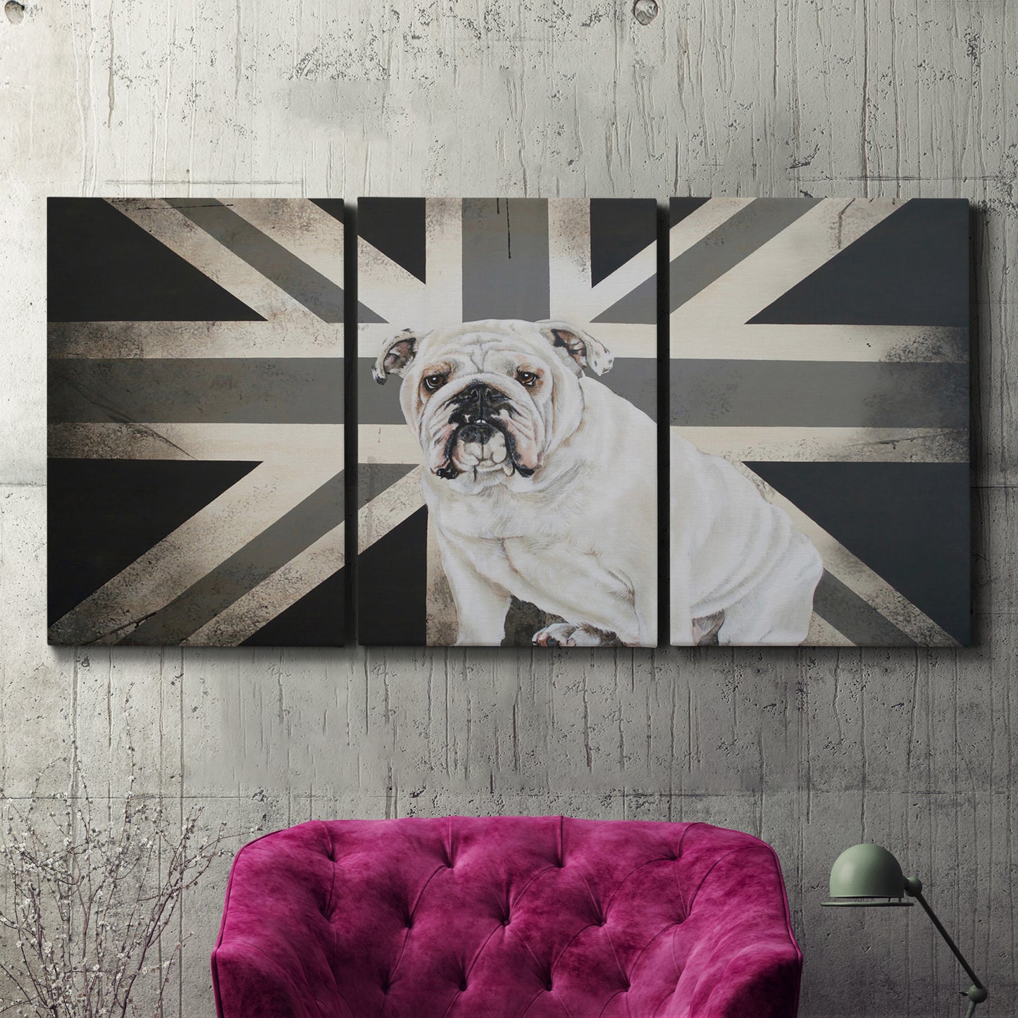 Three-panel canvas wall art featuring black and white animal collage, displayed in a living room above a suede accent chair.