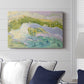 Serene coastal landscape with gentle waves and green hills under soft pastel skies at sunset