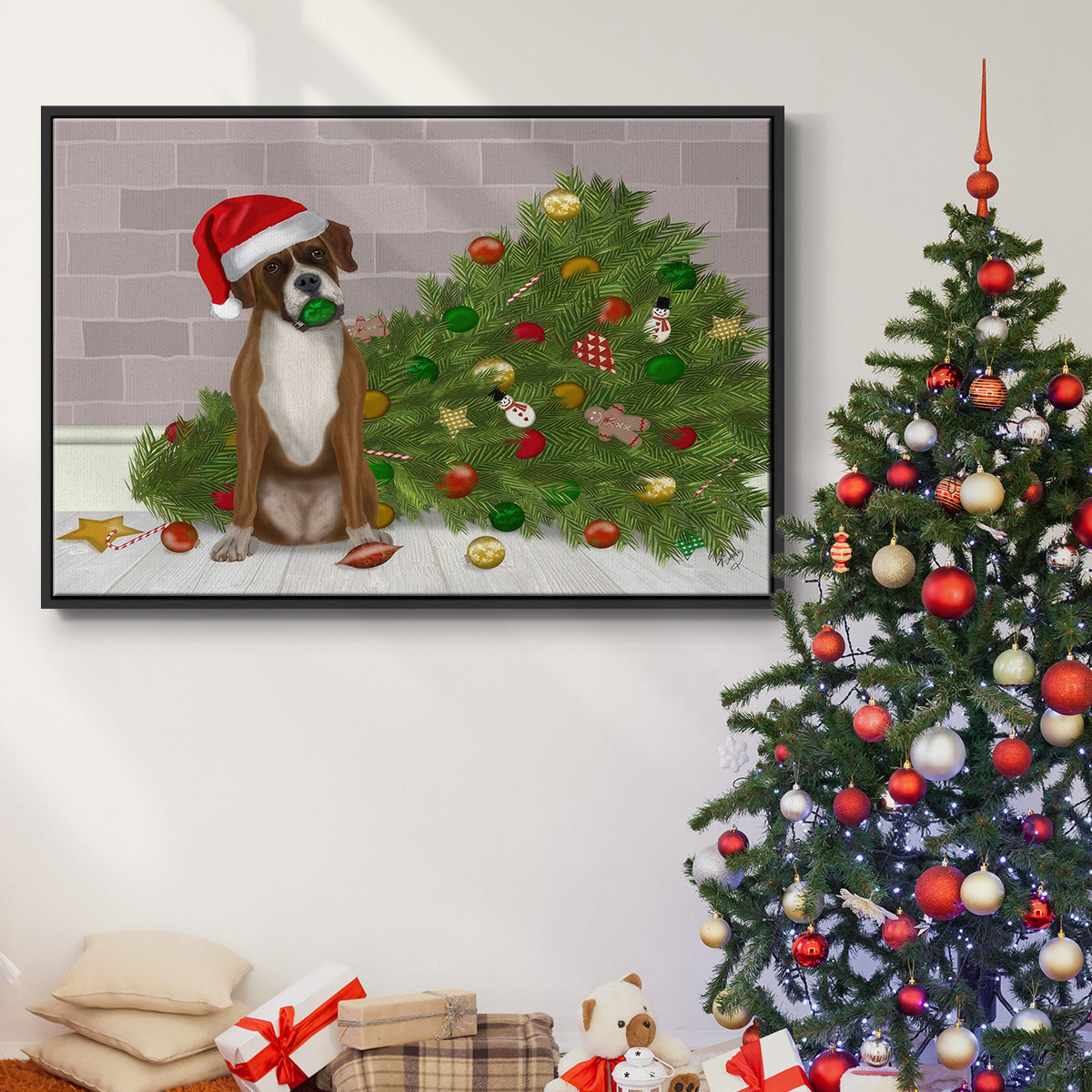 Christmas Boxer and Broken Christmas Tree - Framed Gallery Wrapped Canvas in Floating Frame