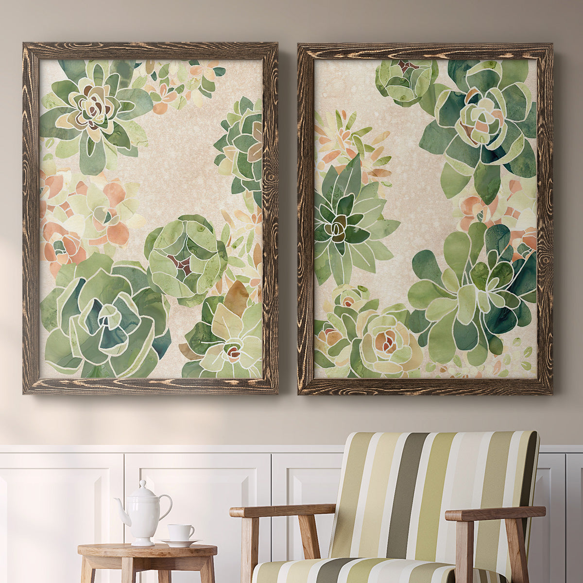 Set of two walnut barnwood framed canvas prints depicting two decorative botanical pattern prints featuring dense repeating succulents and small flowers above a sideboard in a cozy sitting room.