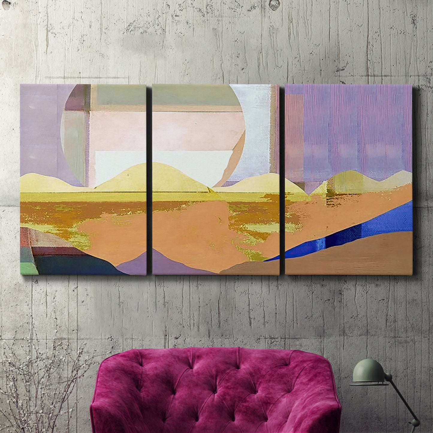 Three-panel canvas wall art featuring mid century geometric pink abstraction, displayed in a living room above a suede accent chair.