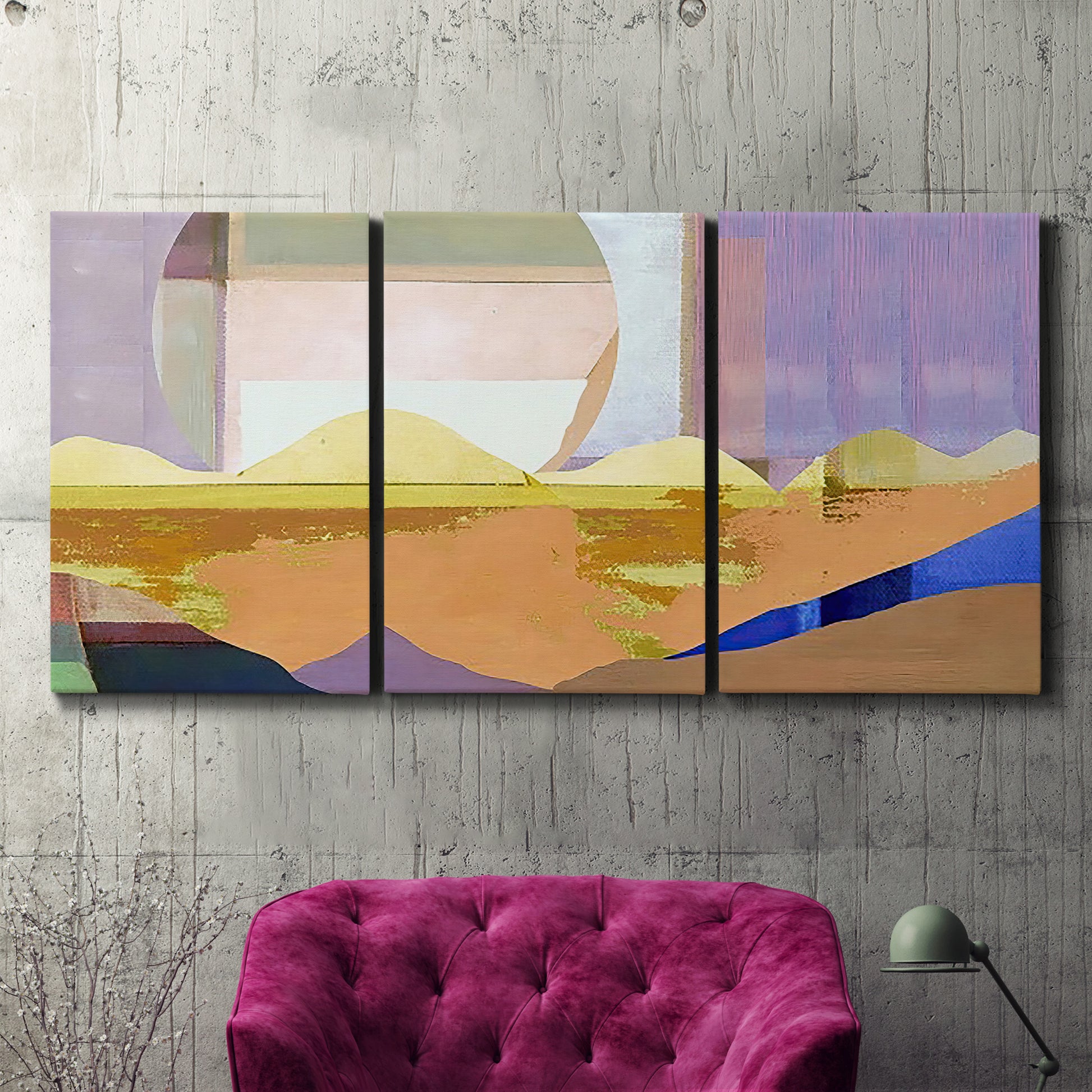 Three-panel canvas wall art featuring mid century geometric pink abstraction, displayed in a living room above a suede accent chair.