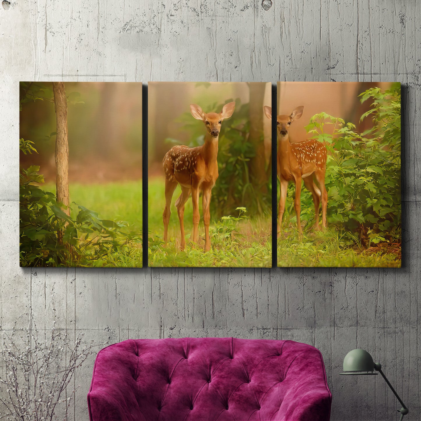 Three-panel canvas wall art featuring resting animals in open field, displayed in a living room above a suede accent chair.