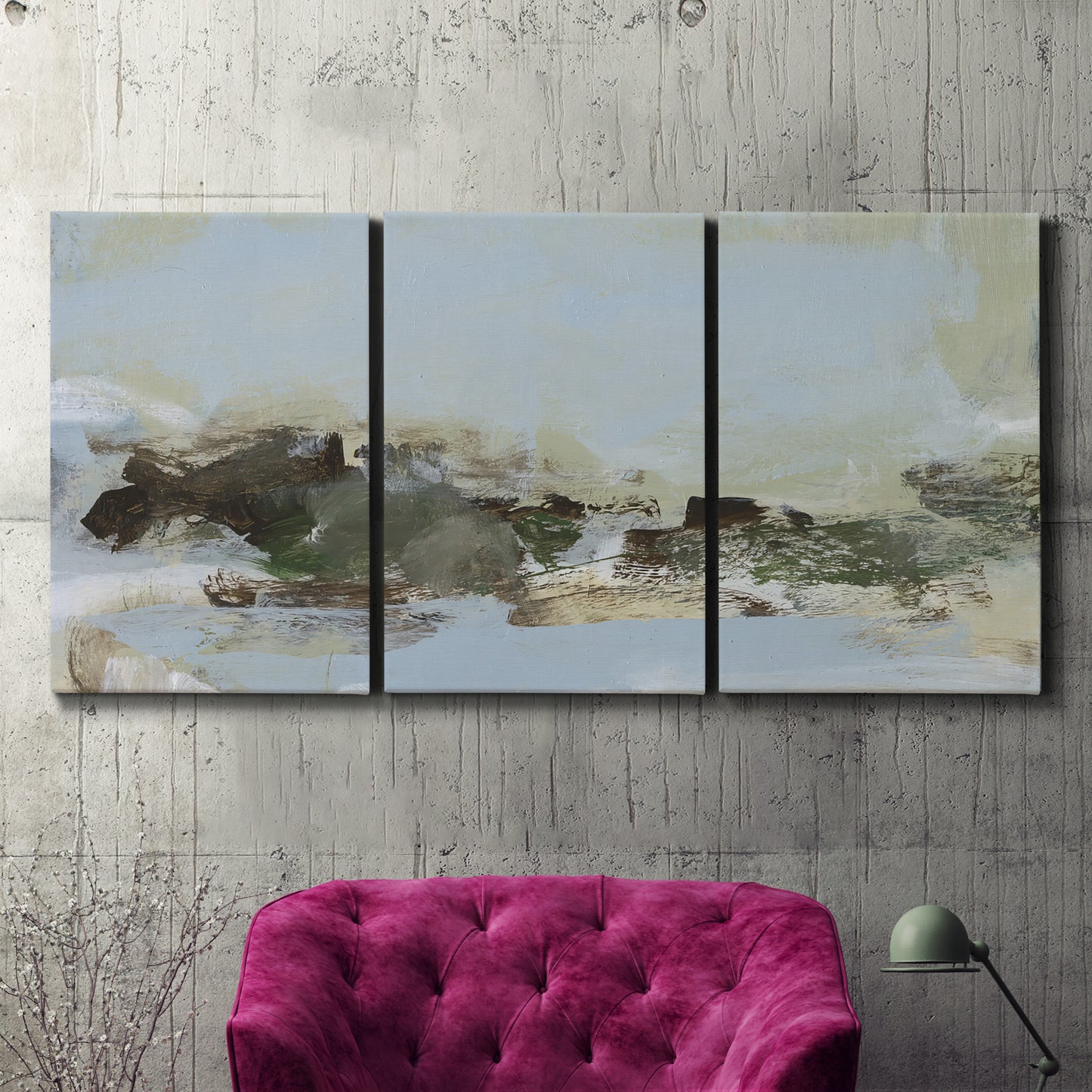 Three-panel canvas wall art featuring minimal abstract summer landscape, displayed in a living room above a suede accent chair.