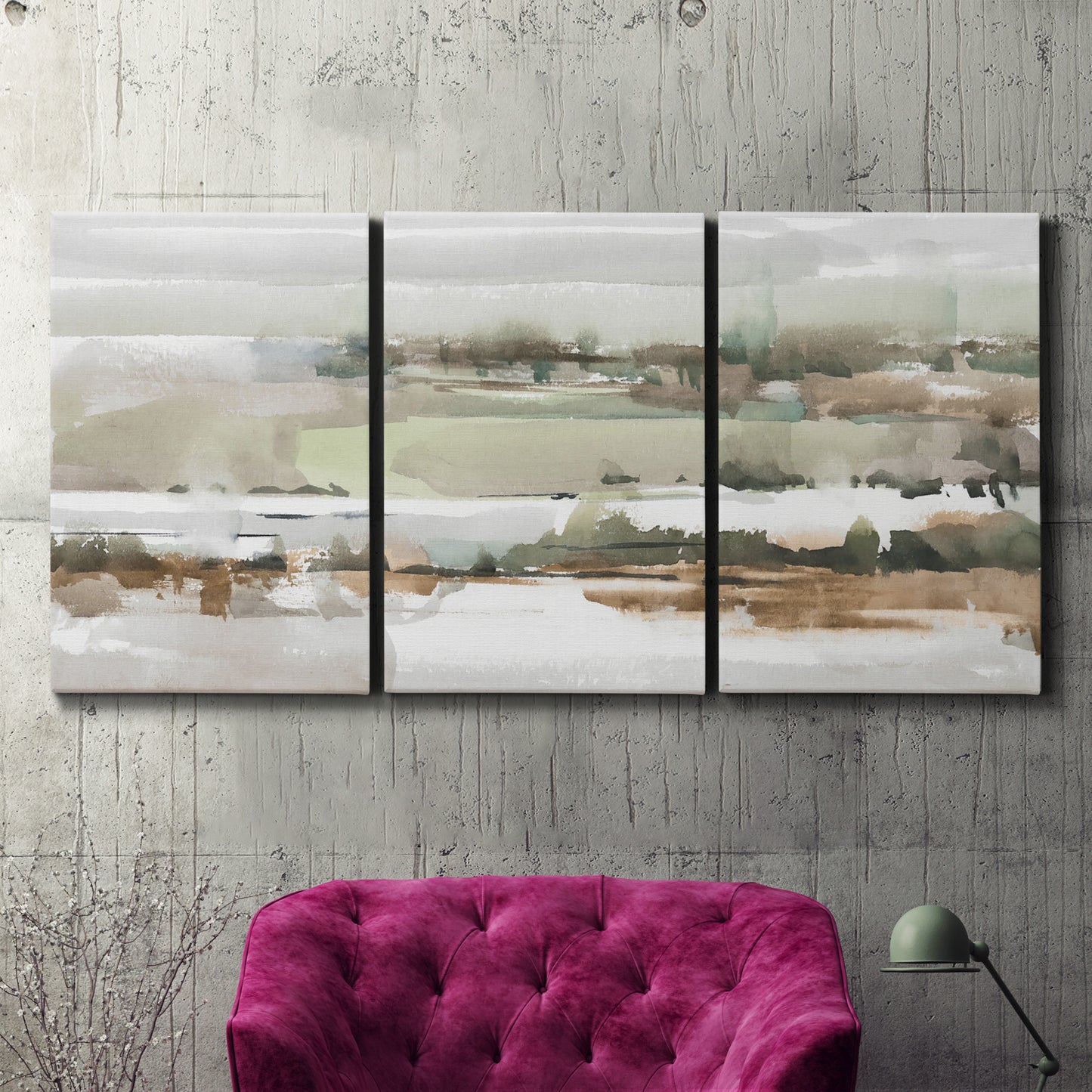 Three-panel canvas wall art featuring layered turquoise and earth tones abstract, displayed in a living room above a suede accent chair.