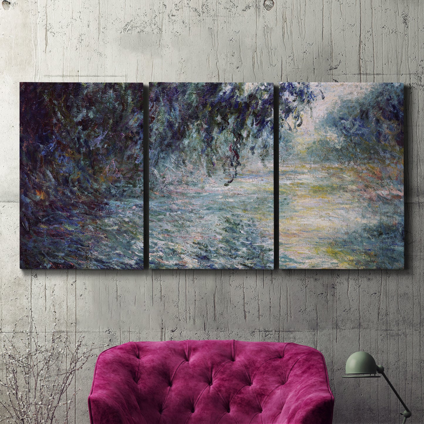Three-panel canvas wall art featuring misty river scene in morning light, displayed in a living room above a suede accent chair.