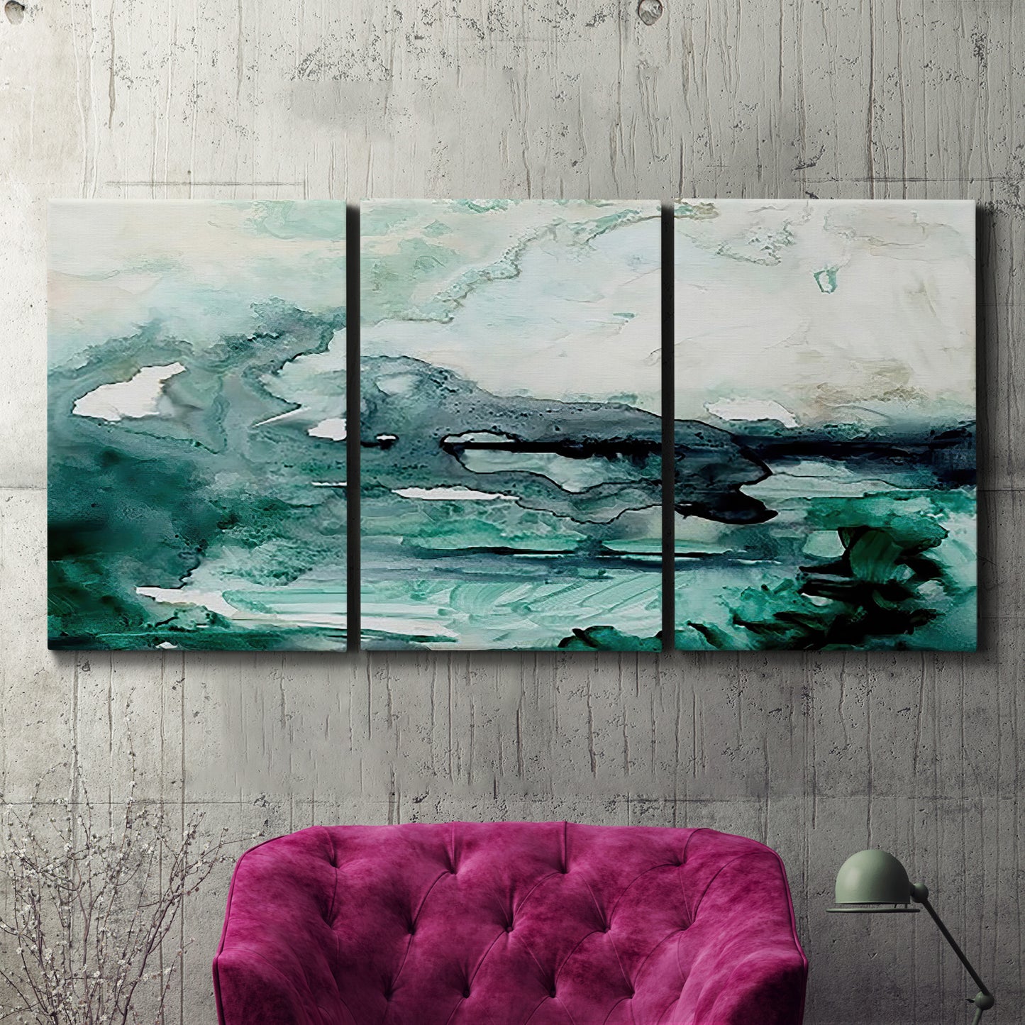 Three-panel canvas wall art featuring coastal abstract sea foam movement, displayed in a living room above a suede accent chair.