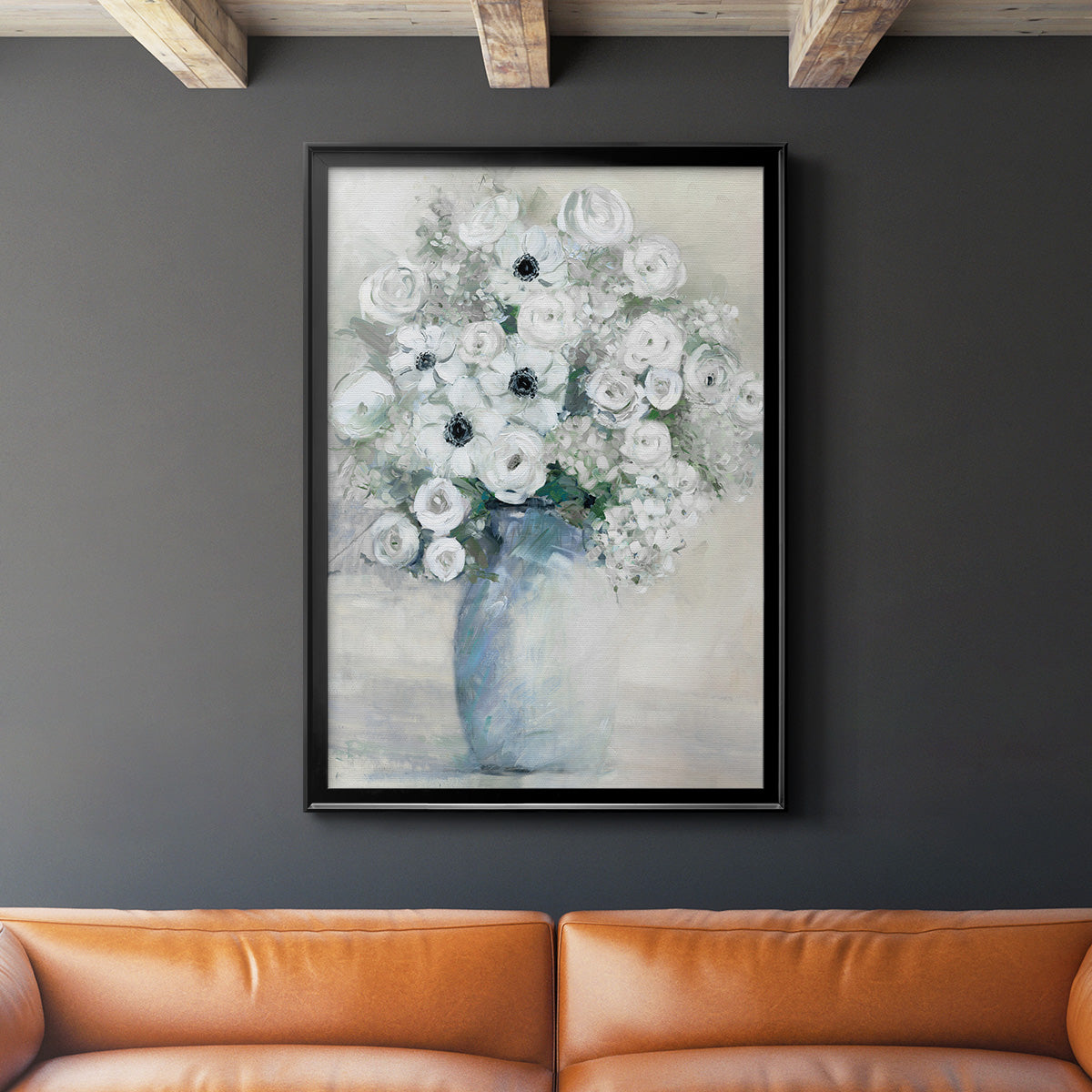 White Anemone Bouquet - Modern Framed Canvas Print