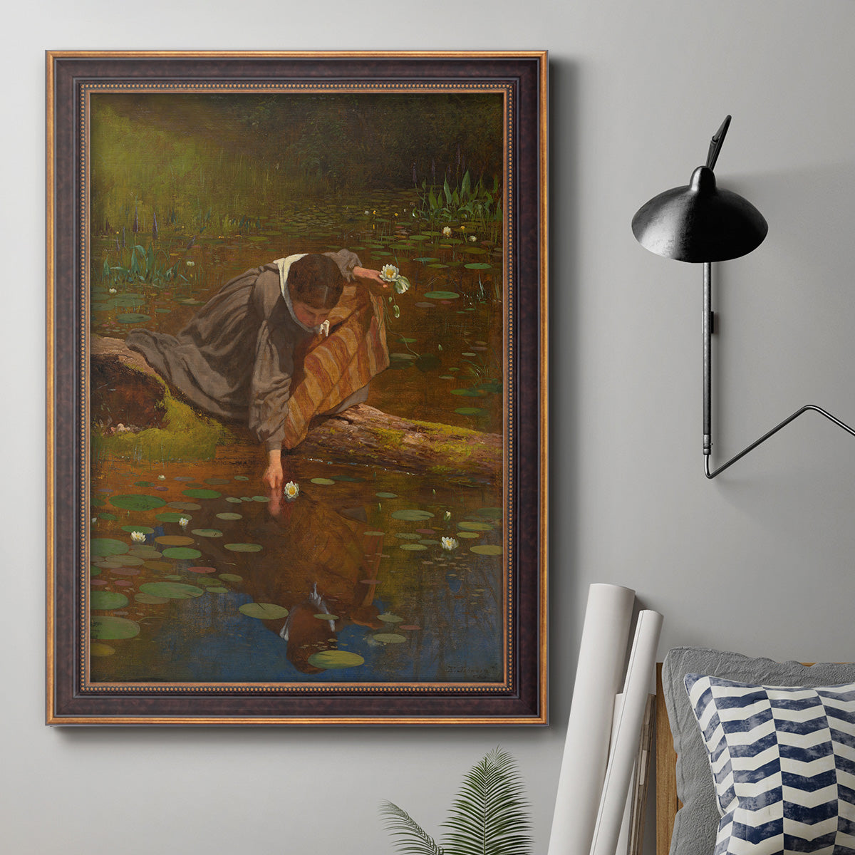 Realist genre painting of figures gathering lilies by Eastman Johnson in an ornate bronzed mahogany wood frame displayed in a neutral interior setting.