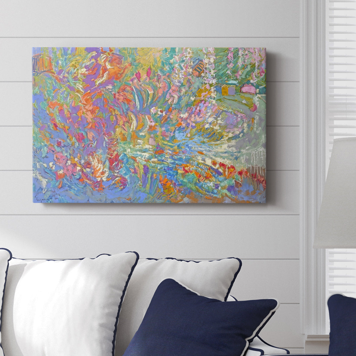 Vibrant display of colors depicting a lush garden blooming with flowers in an abstract style reflecting serenity and joy