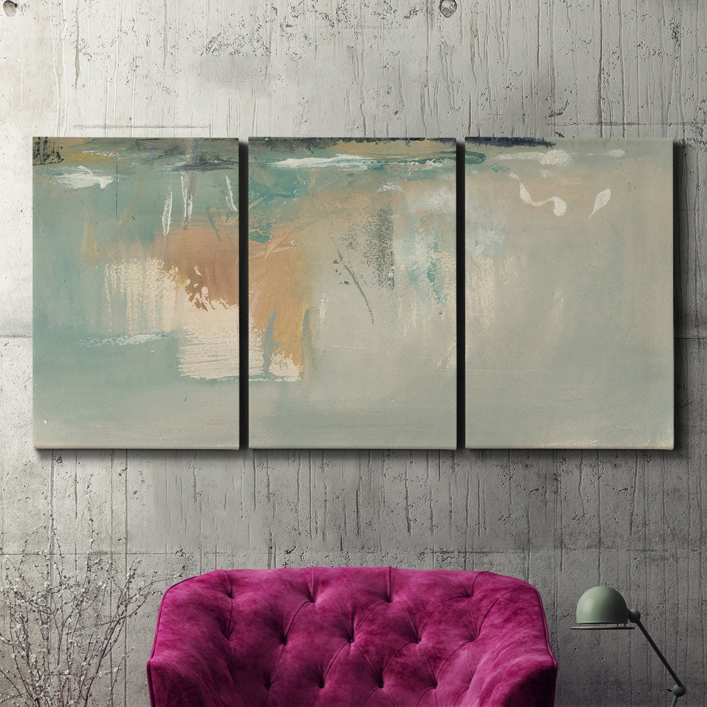 Three-panel canvas wall art featuring minimalist abstract emotional fields, displayed in a living room above a suede accent chair.