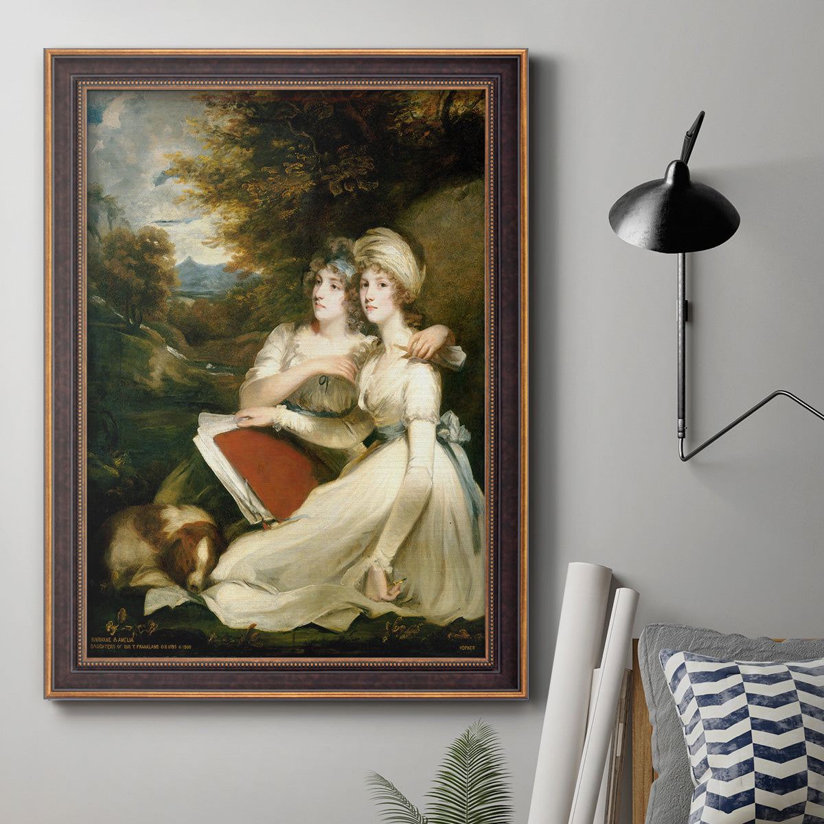 Classical portrait of the Frankland sisters by John Hoppner in an ornate bronzed mahogany wood frame displayed in a neutral interior setting.