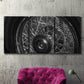 Three-panel canvas wall art featuring vintage car grille detail, displayed in a living room above a suede accent chair.