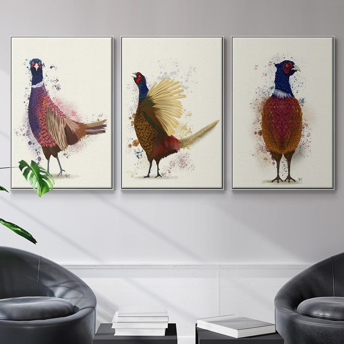 Pheasant Splash 3 - Framed Premium Gallery Wrapped Canvas L Frame 3 Piece Set - Ready to Hang