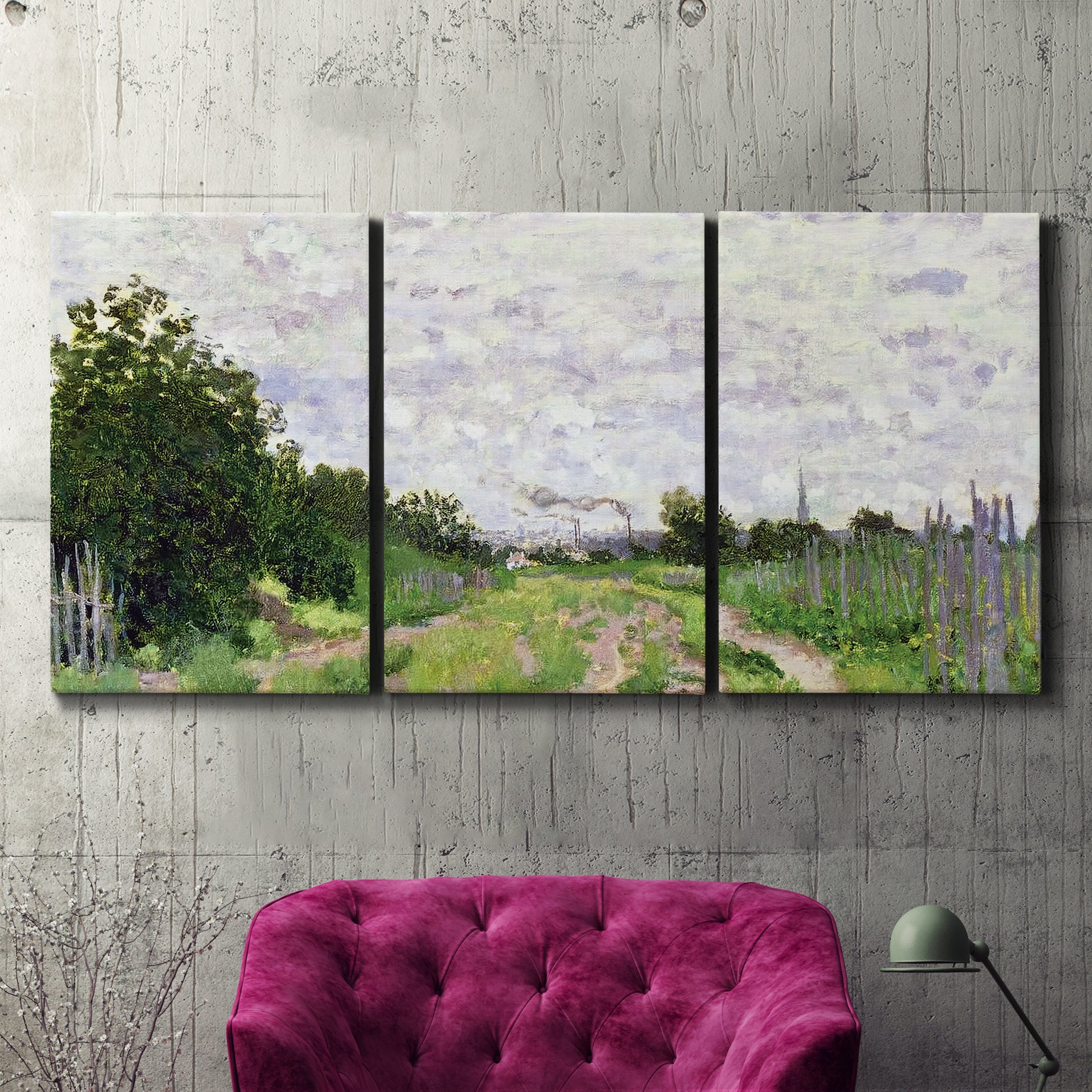 Three-panel canvas wall art featuring spring landscape with blossoming trees, displayed in a living room above a suede accent chair.