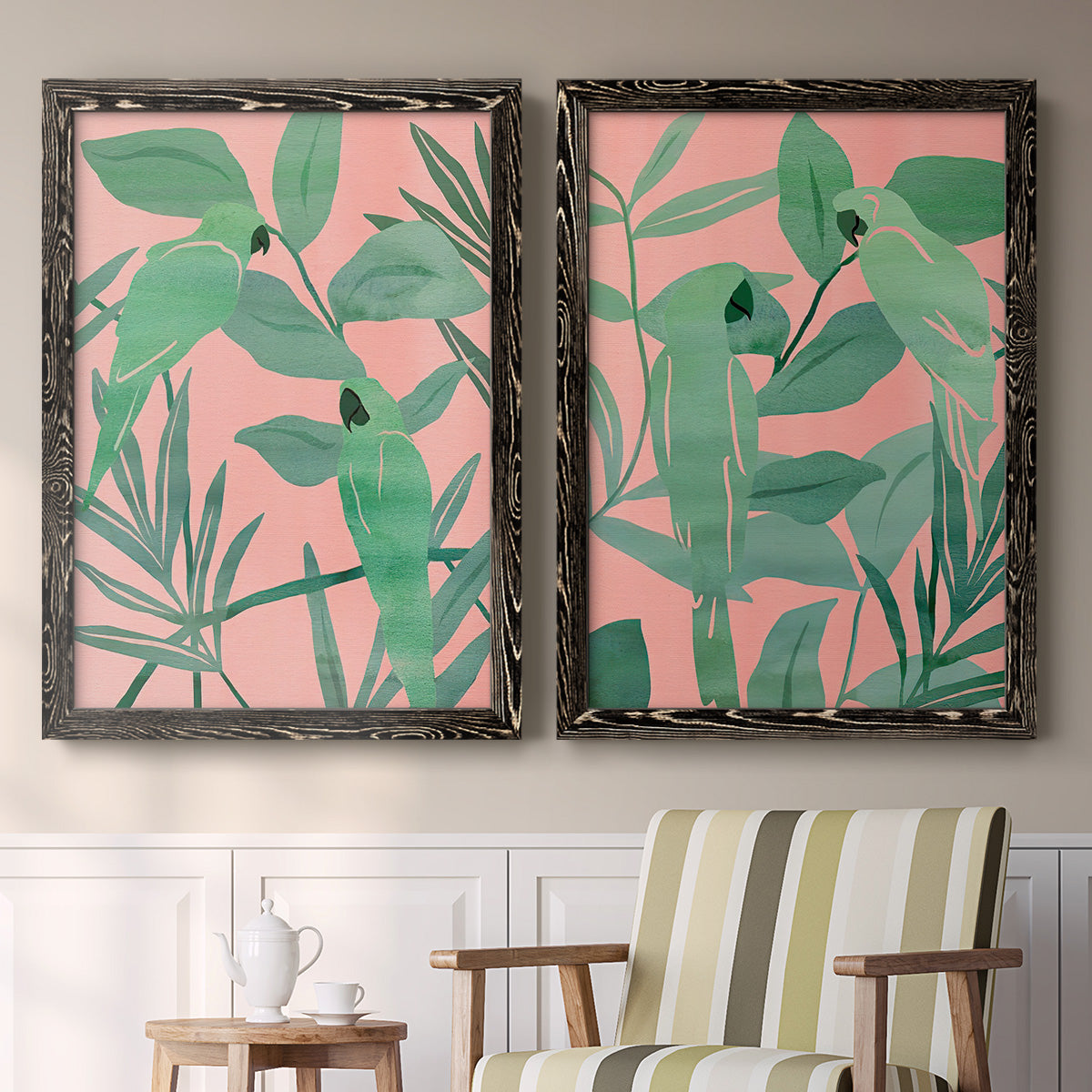 Pink and Green Birds of Paradise I - Premium Framed Canvas 2 Piece Set - Ready to Hang