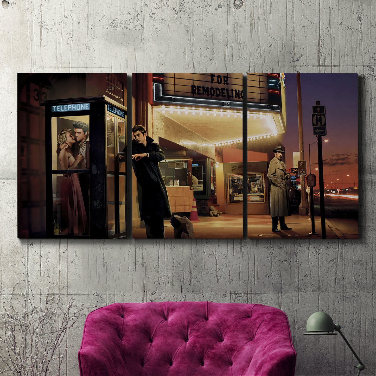 Three-panel canvas wall art featuring cinematic nighttime theater scene, displayed in a living room above a suede accent chair.