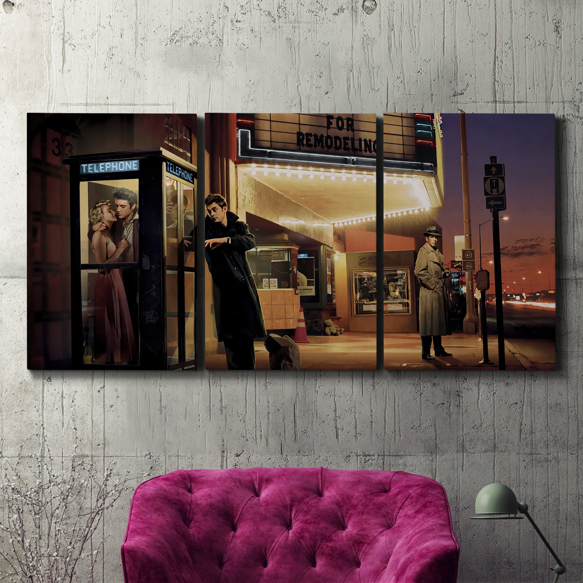 Three-panel canvas wall art featuring cinematic nighttime theater scene, displayed in a living room above a suede accent chair.