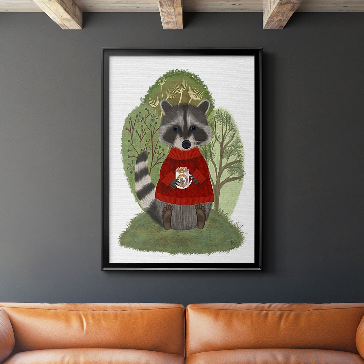 Hot Chocolate Raccoon - Modern Framed Canvas Print