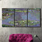 Three-panel canvas wall art featuring purple haze water lily pond, displayed in a living room above a suede accent chair.