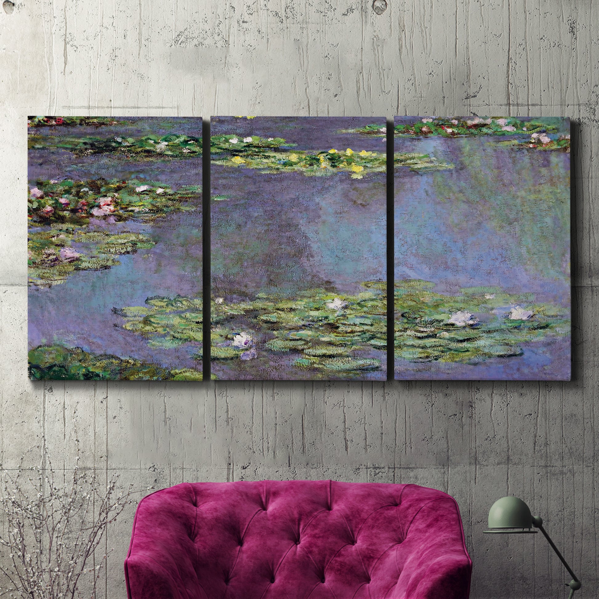 Three-panel canvas wall art featuring purple haze water lily pond, displayed in a living room above a suede accent chair.