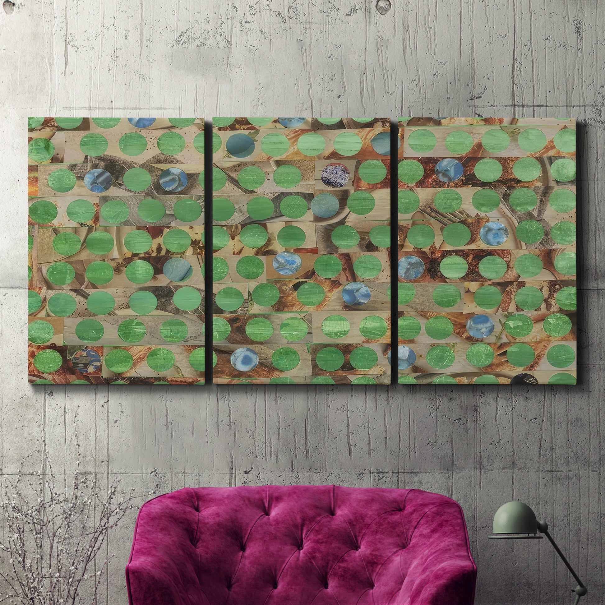 Three-panel canvas wall art featuring geometric fractal abstract slot pattern, displayed in a living room above a suede accent chair.