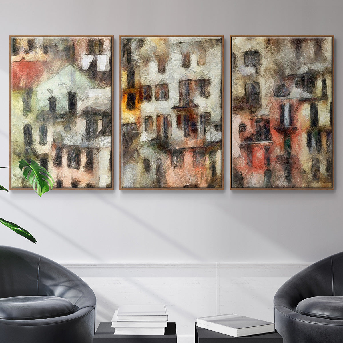 Stacked Houses I - Framed Premium Gallery Wrapped Canvas L Frame 3 Piece Set - Ready to Hang