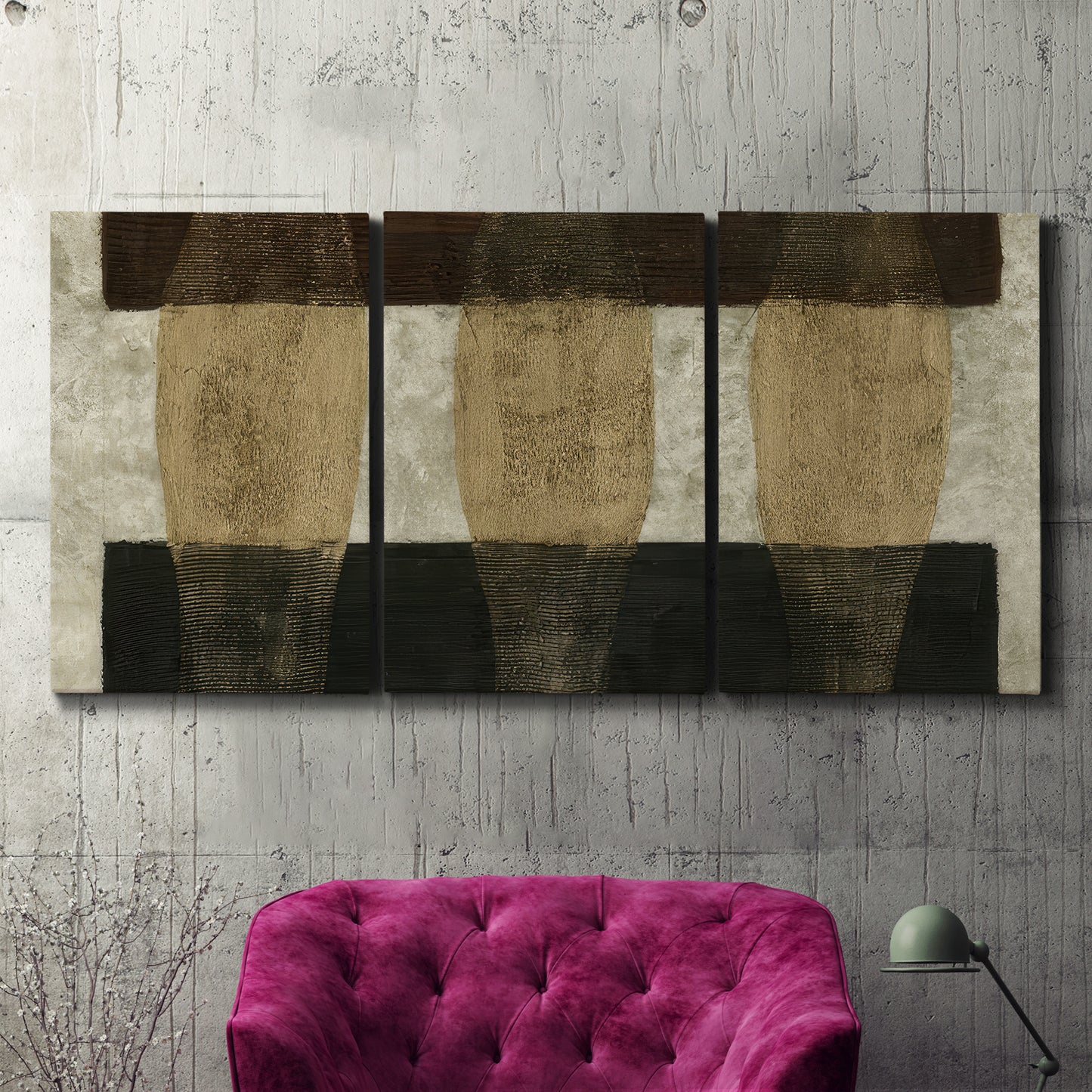Three-panel canvas wall art featuring textured abstract vessel forms, displayed in a living room above a suede accent chair.