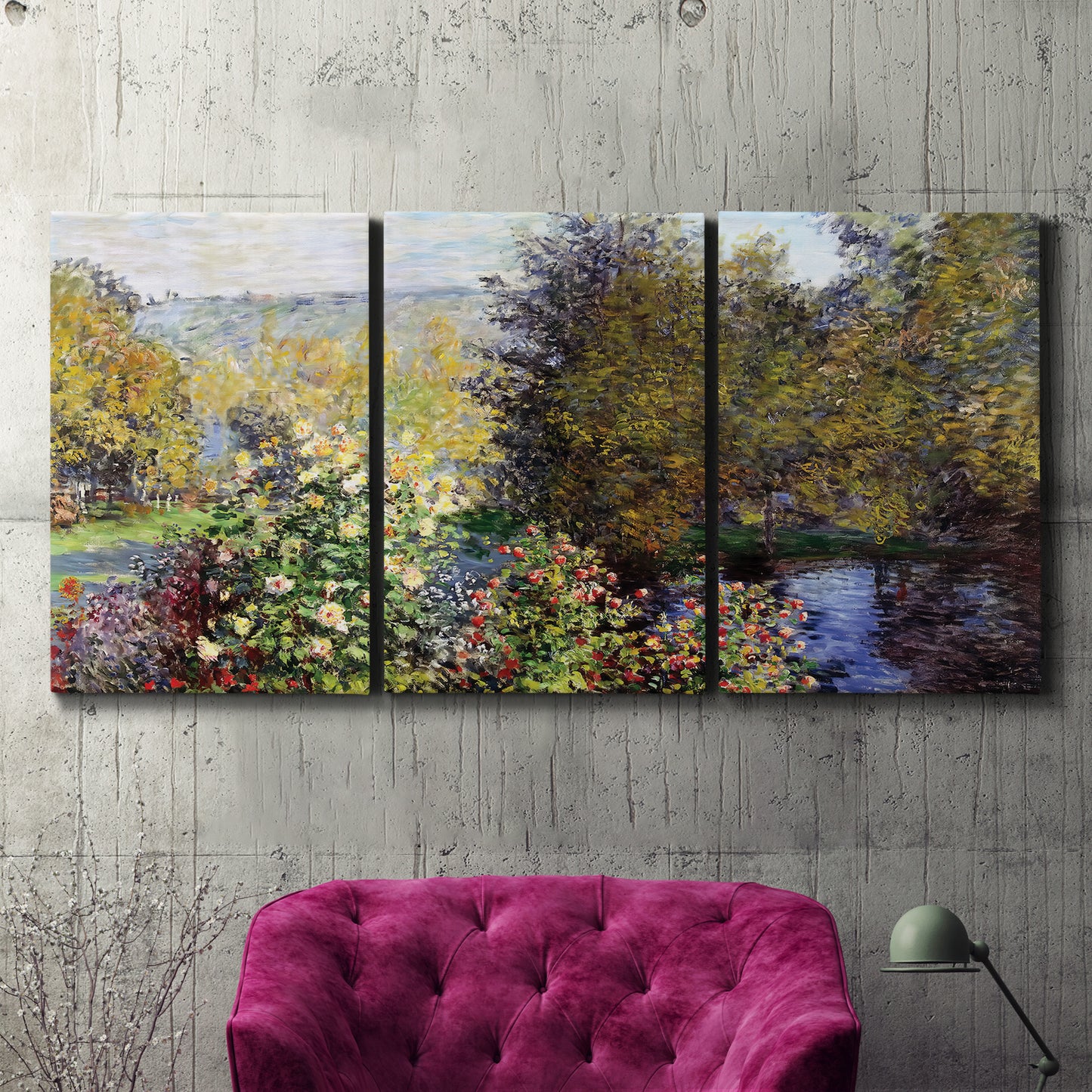 Three-panel canvas wall art featuring garden corner with flowering trees, displayed in a living room above a suede accent chair.