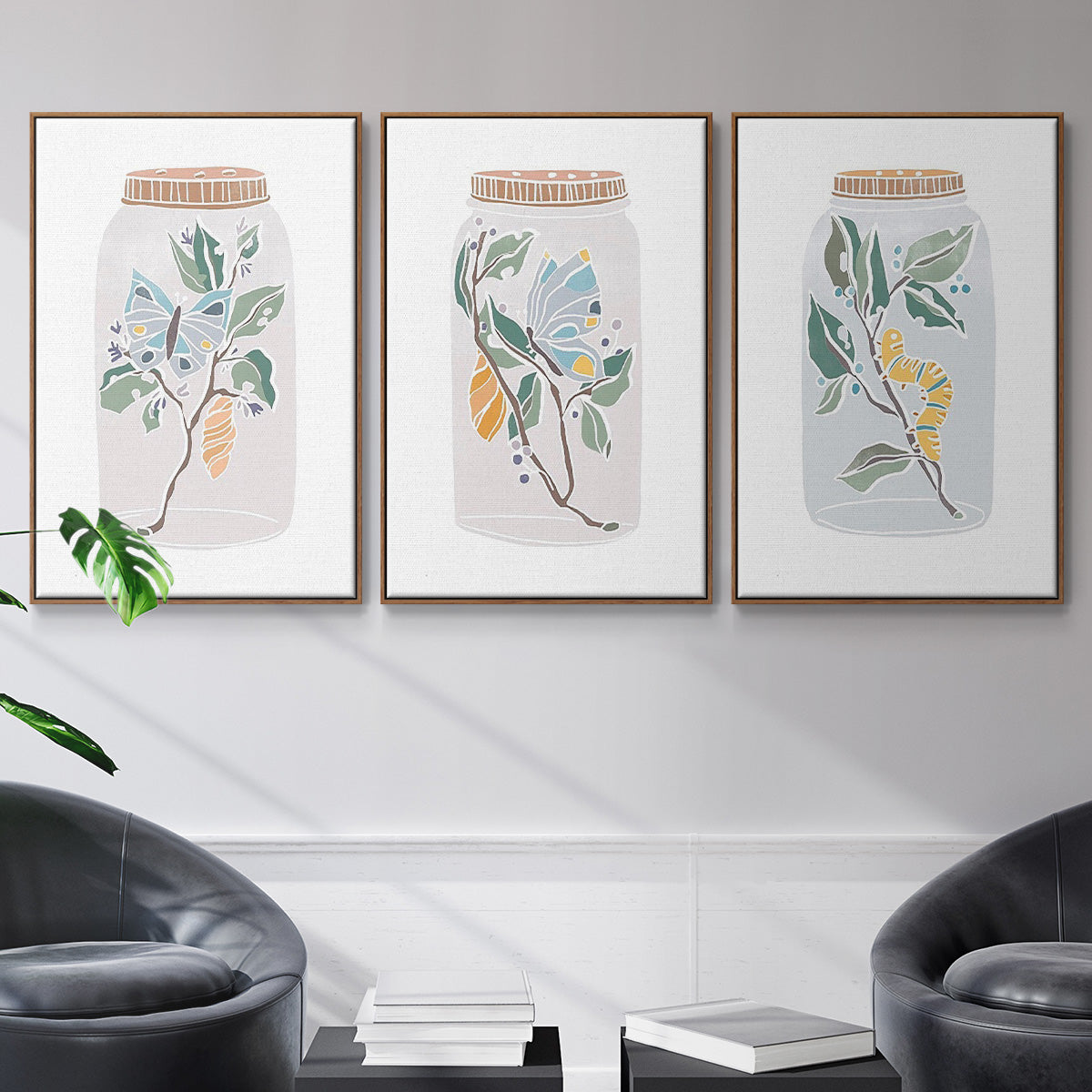 Nature Jar I - Framed Premium Gallery Wrapped Canvas L Frame 3 Piece Set - Ready to Hang