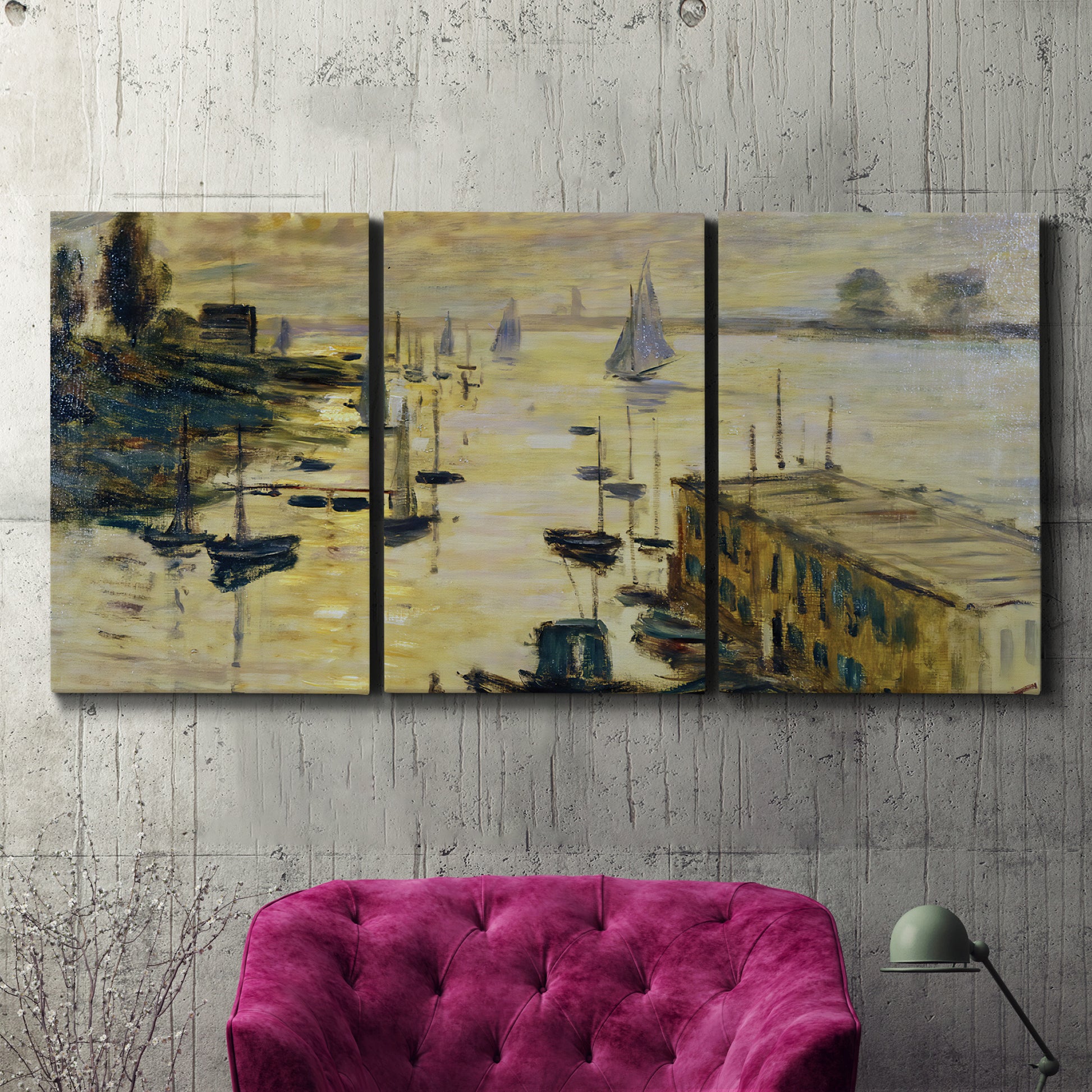 Three-panel canvas wall art featuring working harbor with boats, displayed in a living room above a suede accent chair.