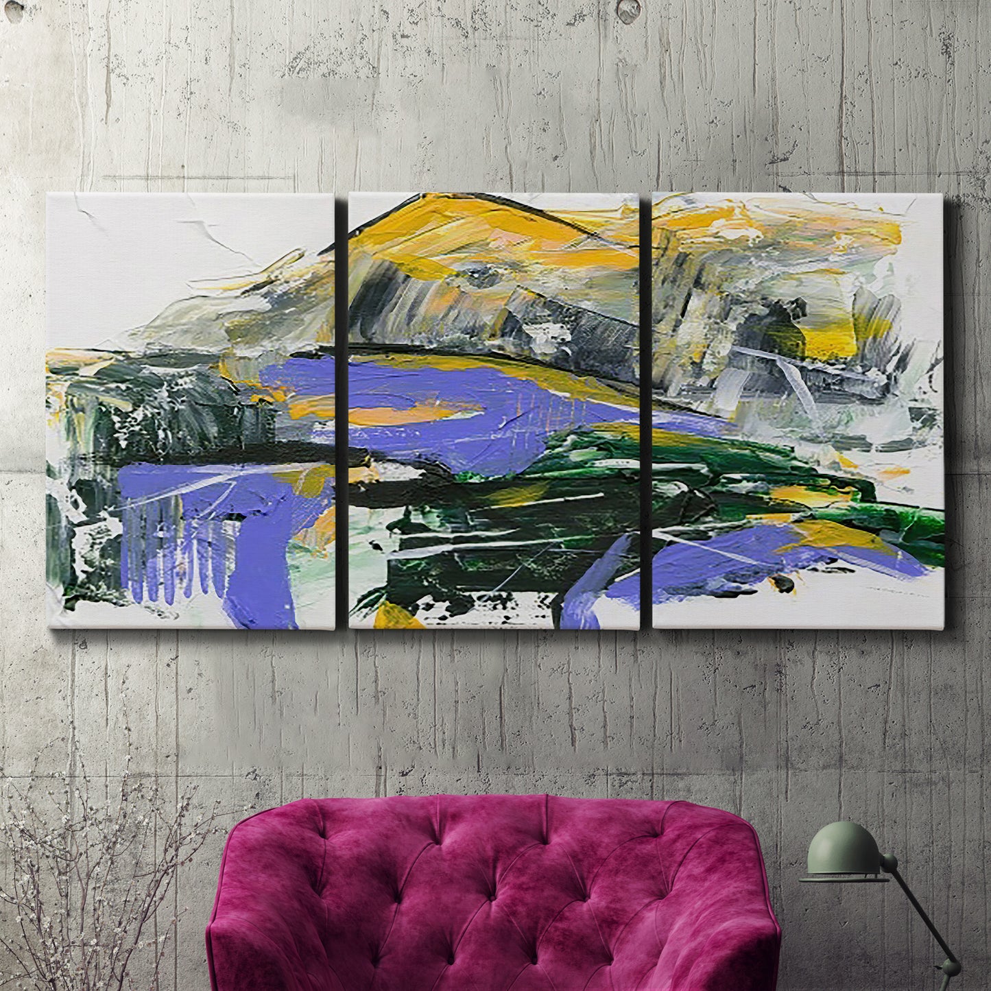 Three-panel canvas wall art featuring quiet abstract mountain silhouette, displayed in a living room above a suede accent chair.