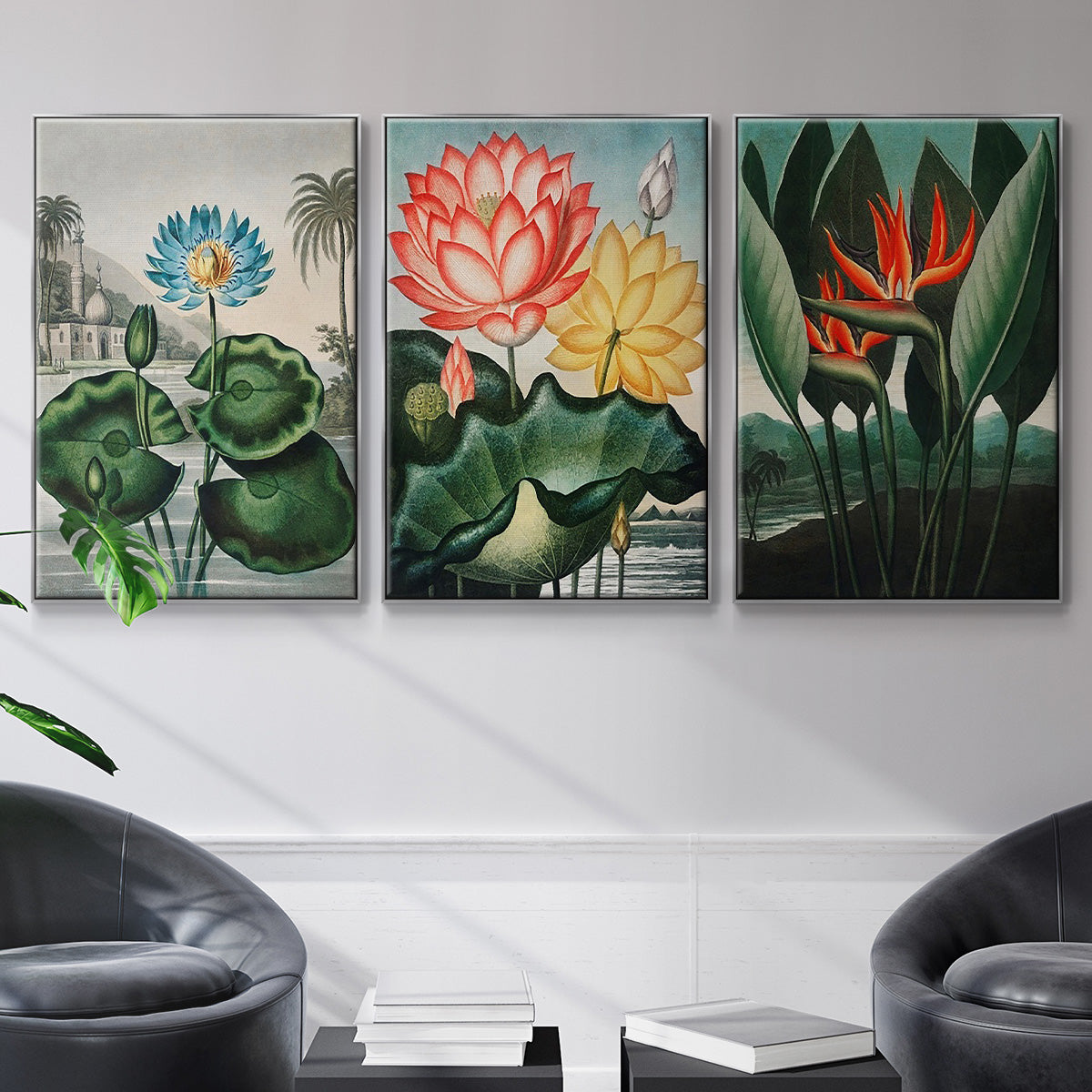 Temple of Flora IV - Framed Premium Gallery Wrapped Canvas L Frame 3 Piece Set - Ready to Hang