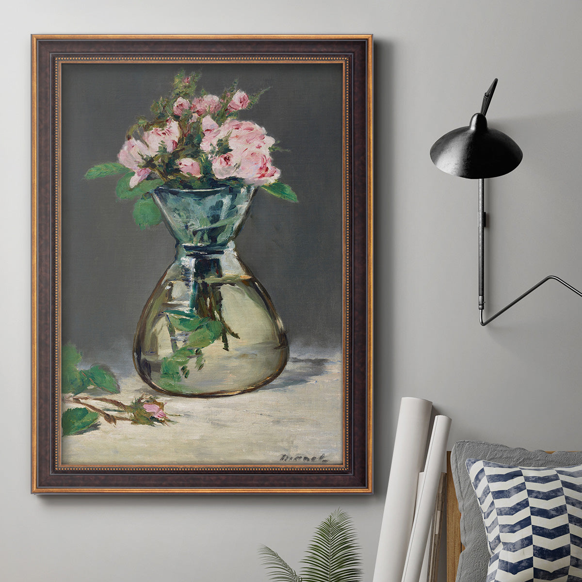 Moss Roses in a Vase - Ornate Framed Canvas Print