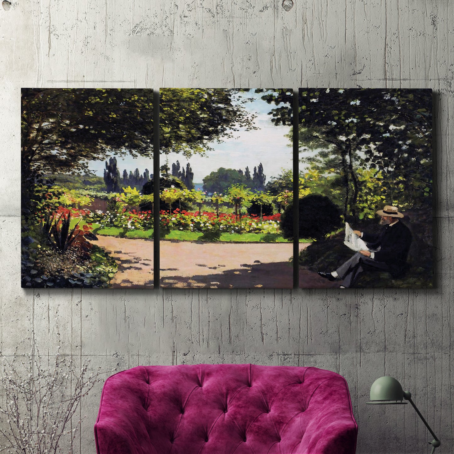 Three-panel canvas wall art featuring coastal garden overlooking sea, displayed in a living room above a suede accent chair.