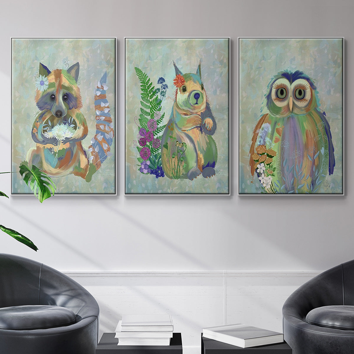 Fantastic Florals Owl - Framed Premium Gallery Wrapped Canvas L Frame 3 Piece Set - Ready to Hang