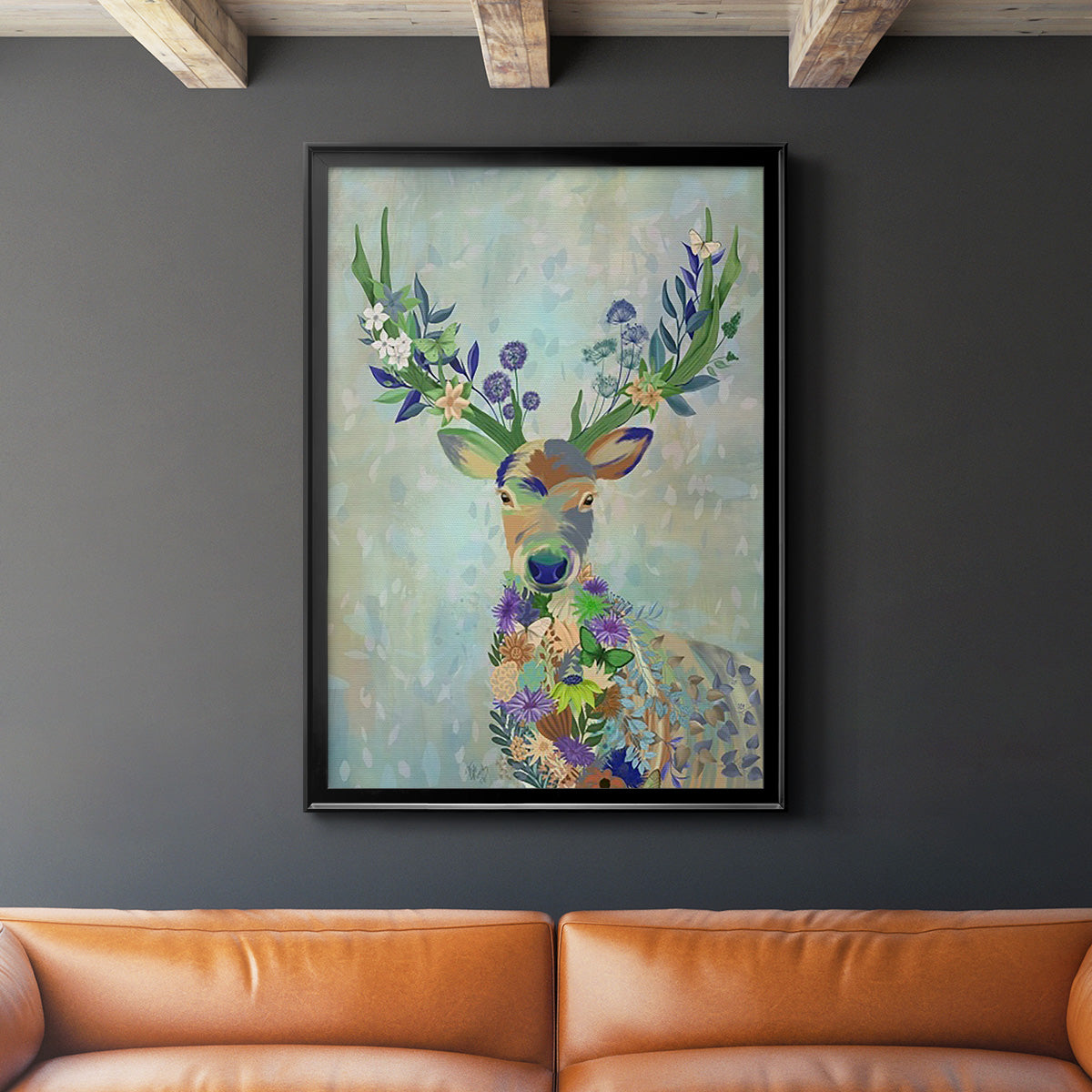 Fantastic Florals Deer, Portrait - Modern Framed Canvas Print