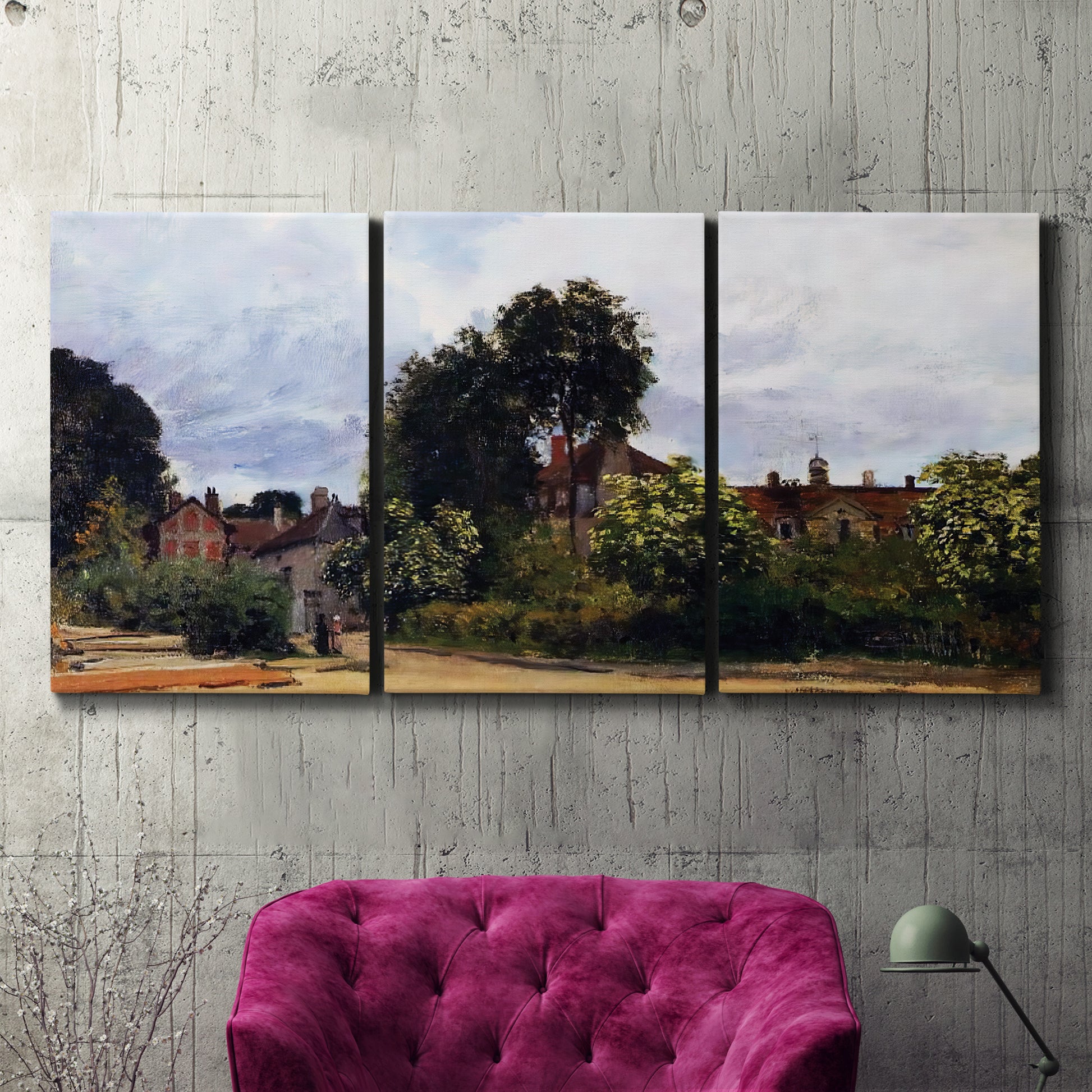 Three-panel canvas wall art featuring garden corner with flowering trees, displayed in a living room above a suede accent chair.