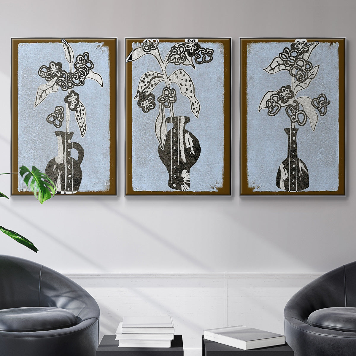 Graphic Flowers in Vase I - Framed Premium Gallery Wrapped Canvas L Frame 3 Piece Set - Ready to Hang