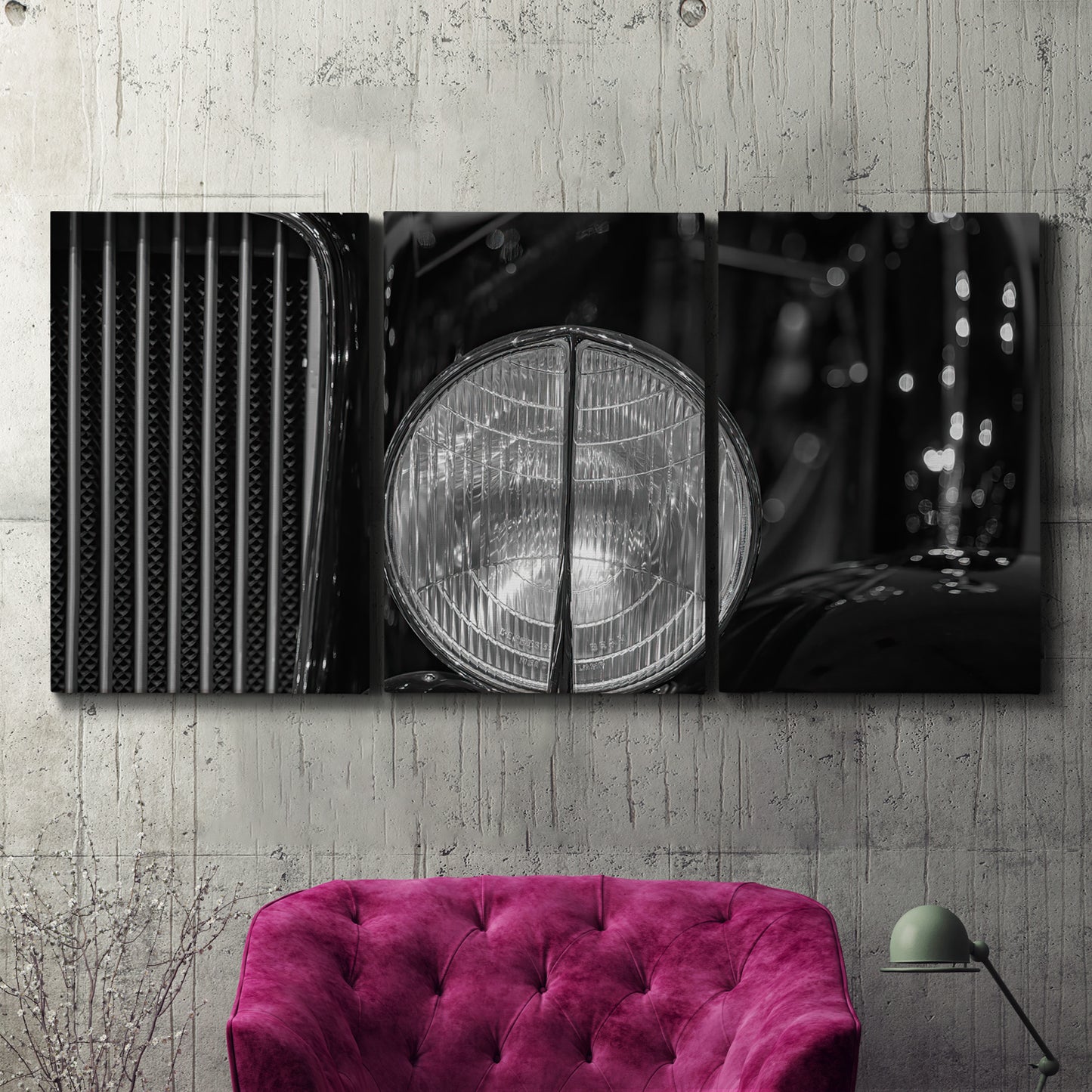 Three-panel canvas wall art featuring vintage car grille detail, displayed in a living room above a suede accent chair.