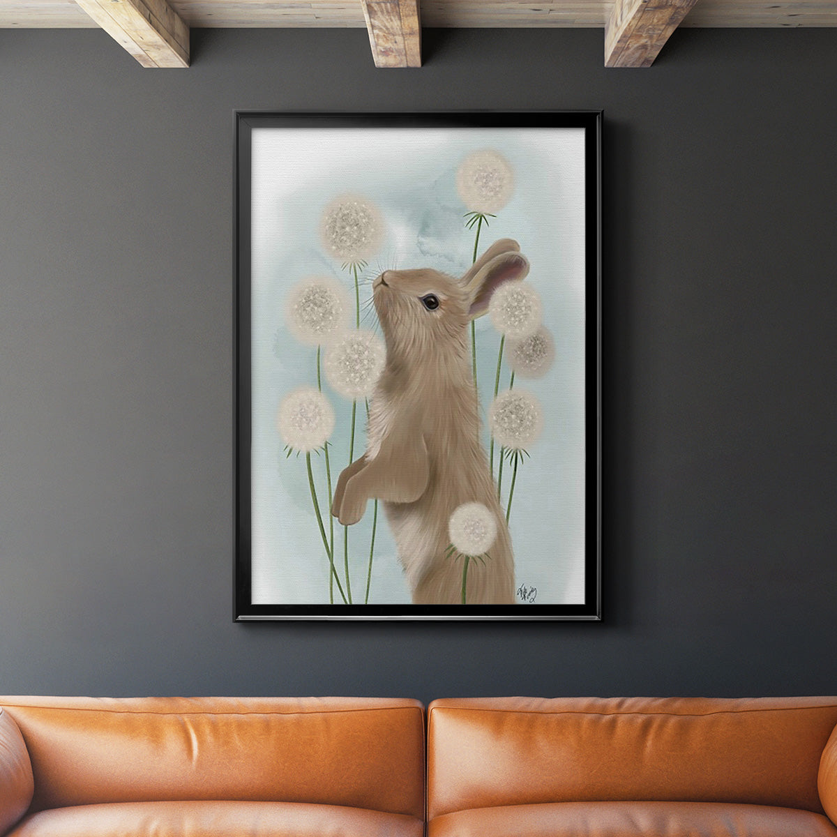 Rabbit In Dandylions - Modern Framed Canvas Print