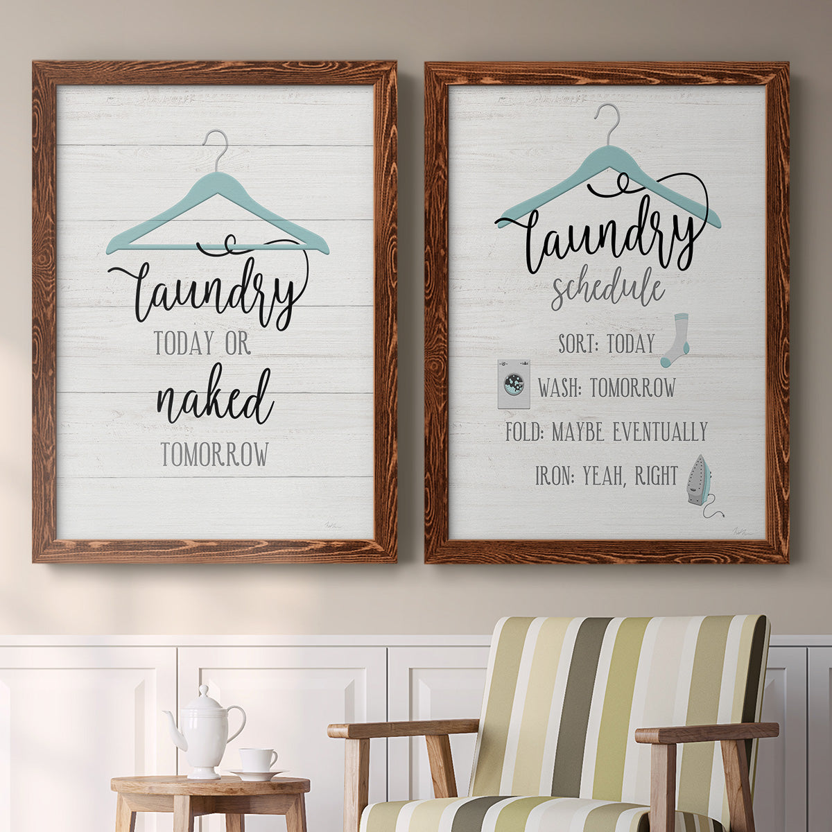 Set of two maple barnwood framed canvas prints depicting two rustic typographic wall art featuring humorous laundry-room sayings and clothing icons above a sideboard in a cozy sitting room.