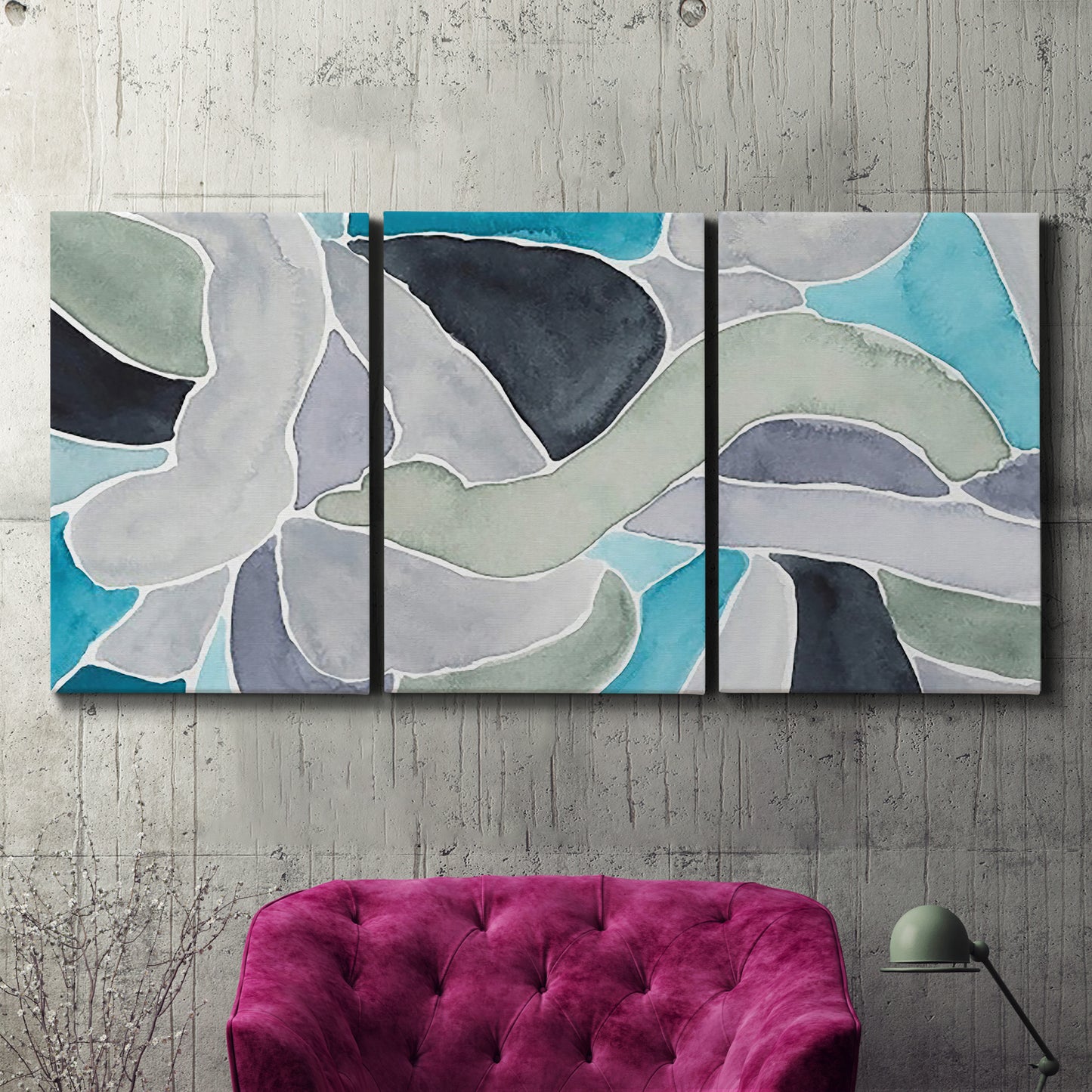 Three-panel canvas wall art featuring subtle abstract billowing color layers, displayed in a living room above a suede accent chair.