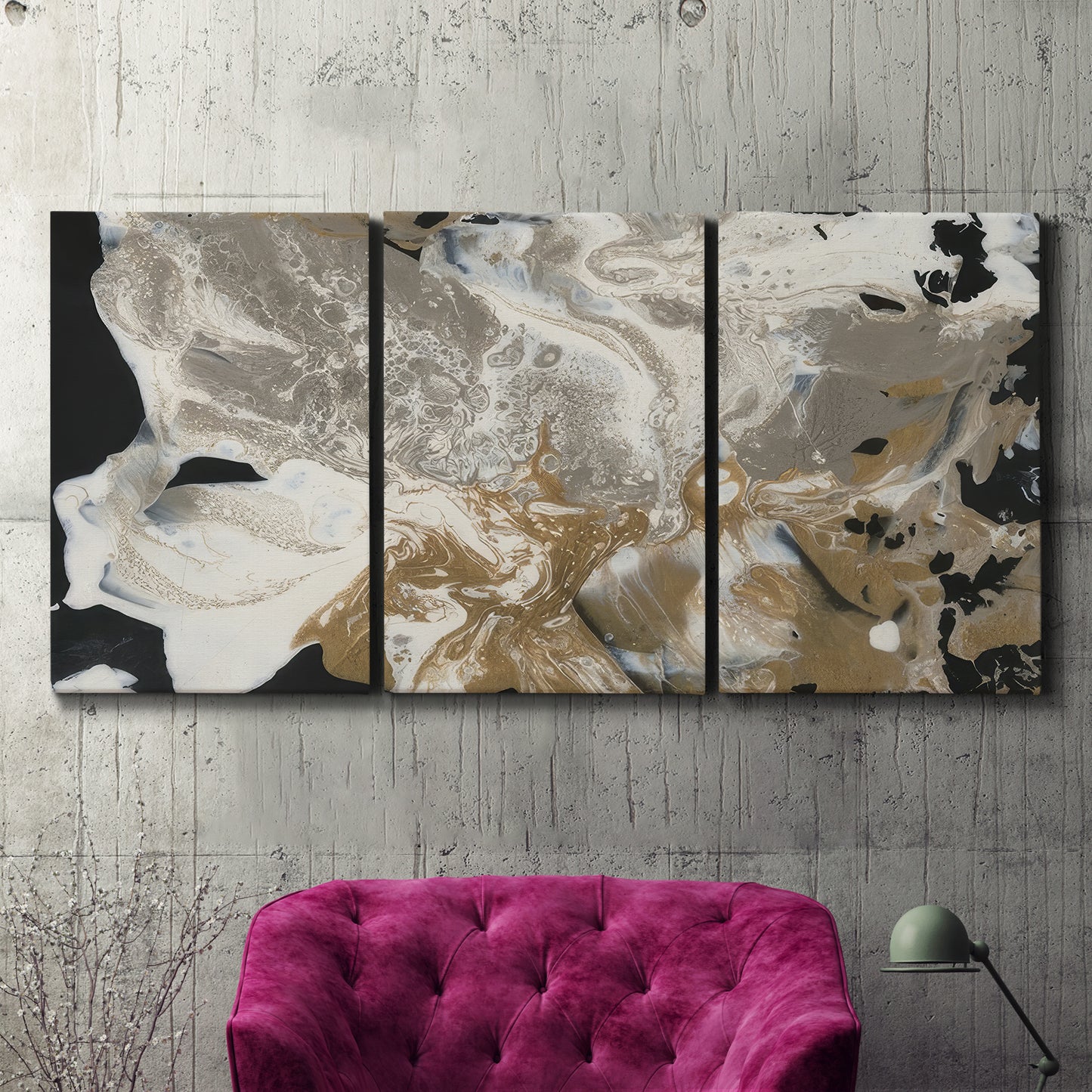 Three-panel canvas wall art featuring pale abstract mask like forms, displayed in a living room above a suede accent chair.