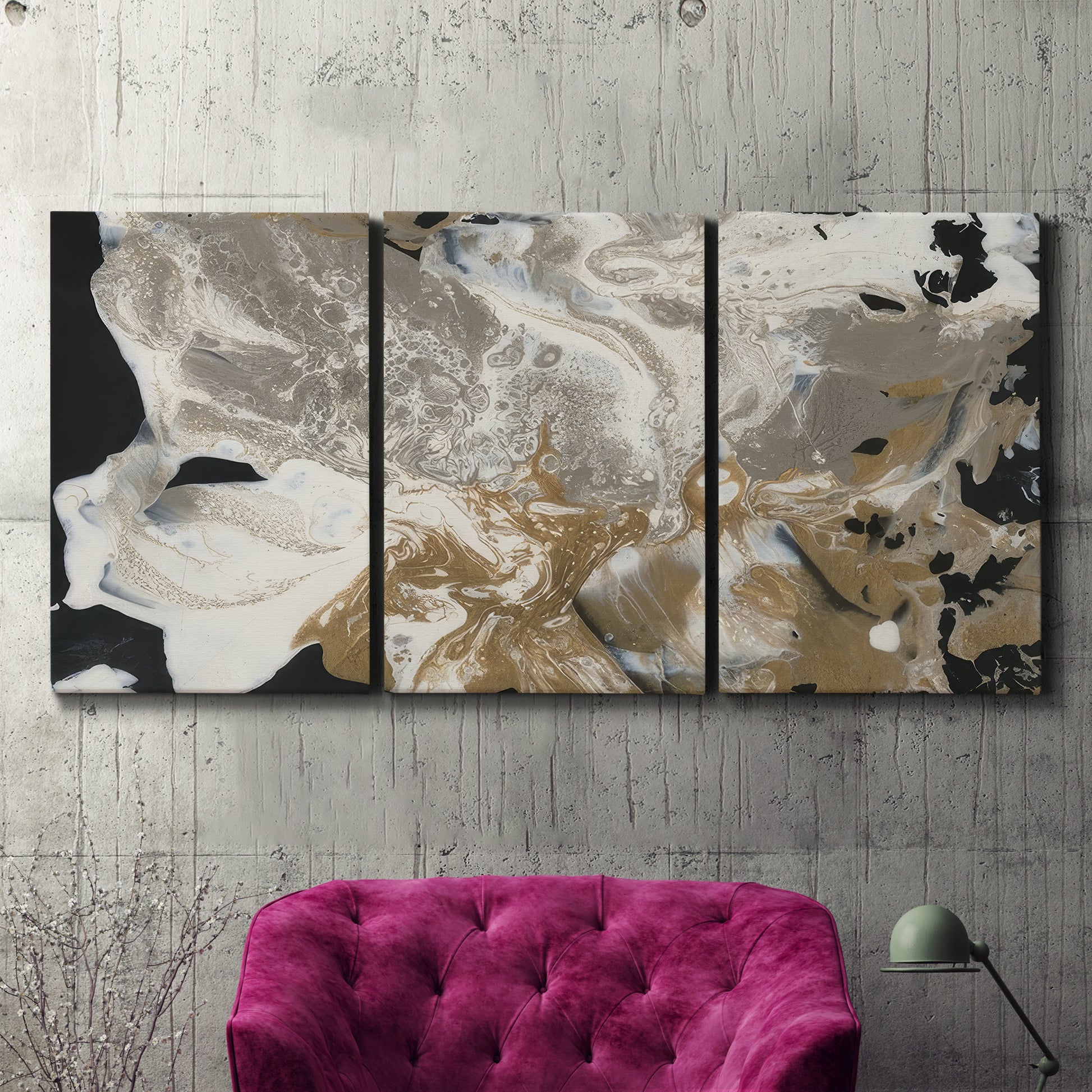 Three-panel canvas wall art featuring pale abstract mask like forms, displayed in a living room above a suede accent chair.