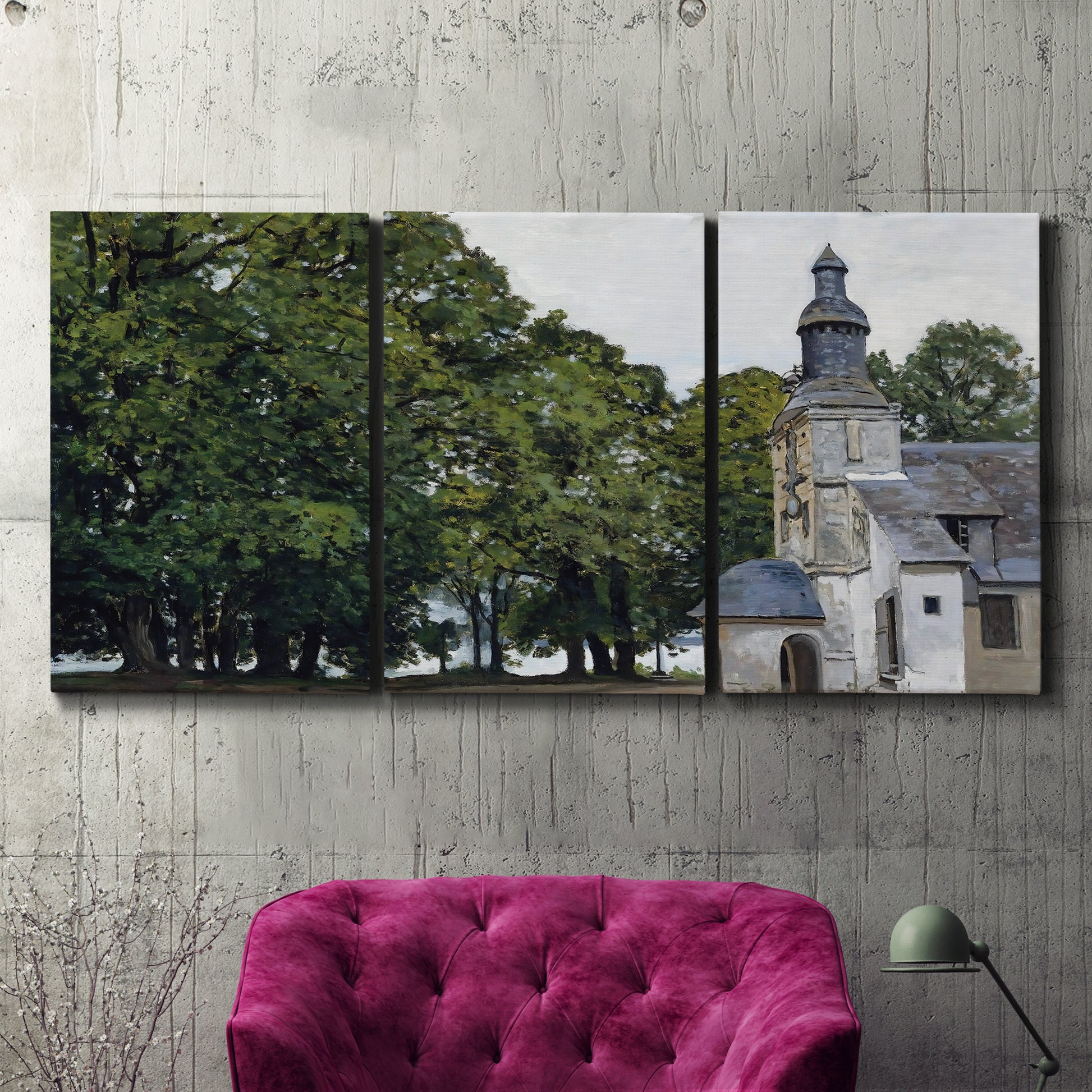 Three-panel canvas wall art featuring chapel building in rural setting, displayed in a living room above a suede accent chair.