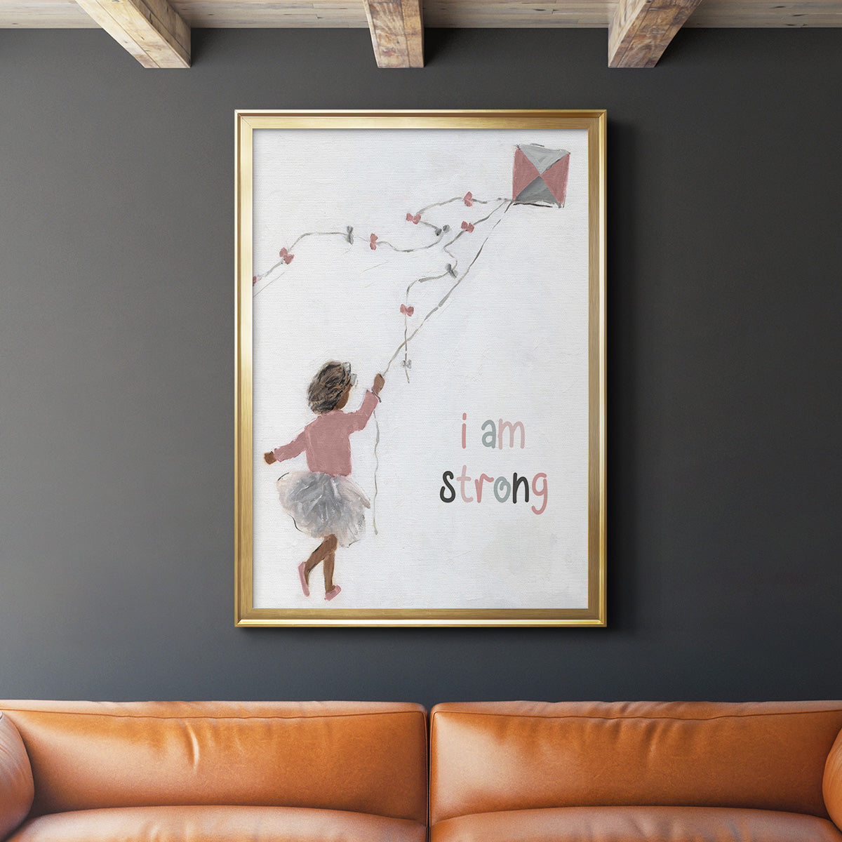 Girl Flying Kite - Modern Framed Canvas Print
