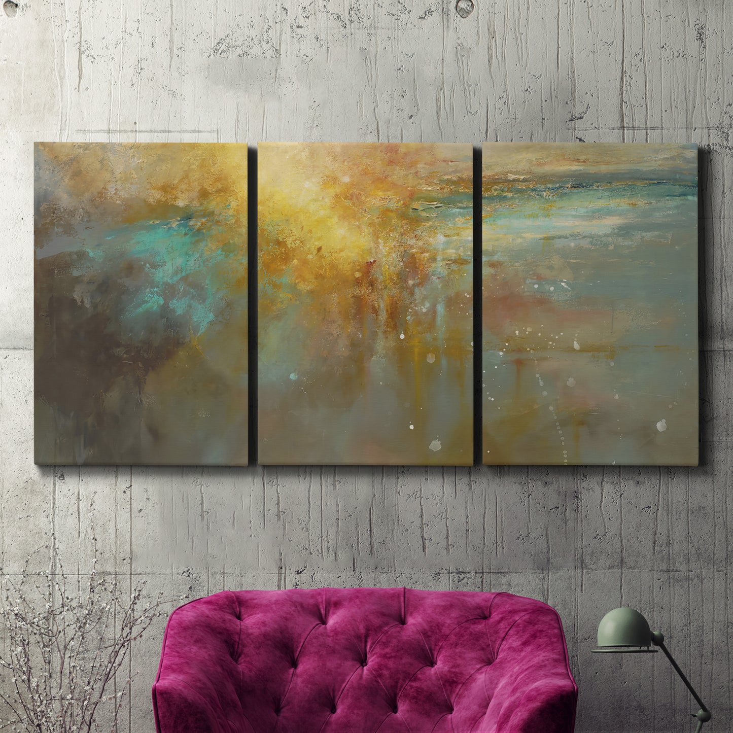 Three-panel canvas wall art featuring muted abstract river inspired tones, displayed in a living room above a suede accent chair.